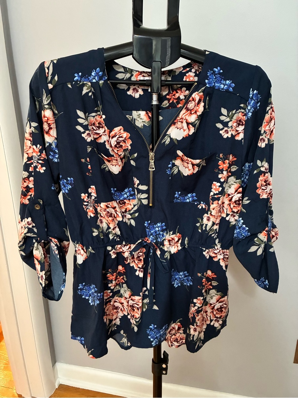 Stella Tweed Navy Floral Front Zip Blouse